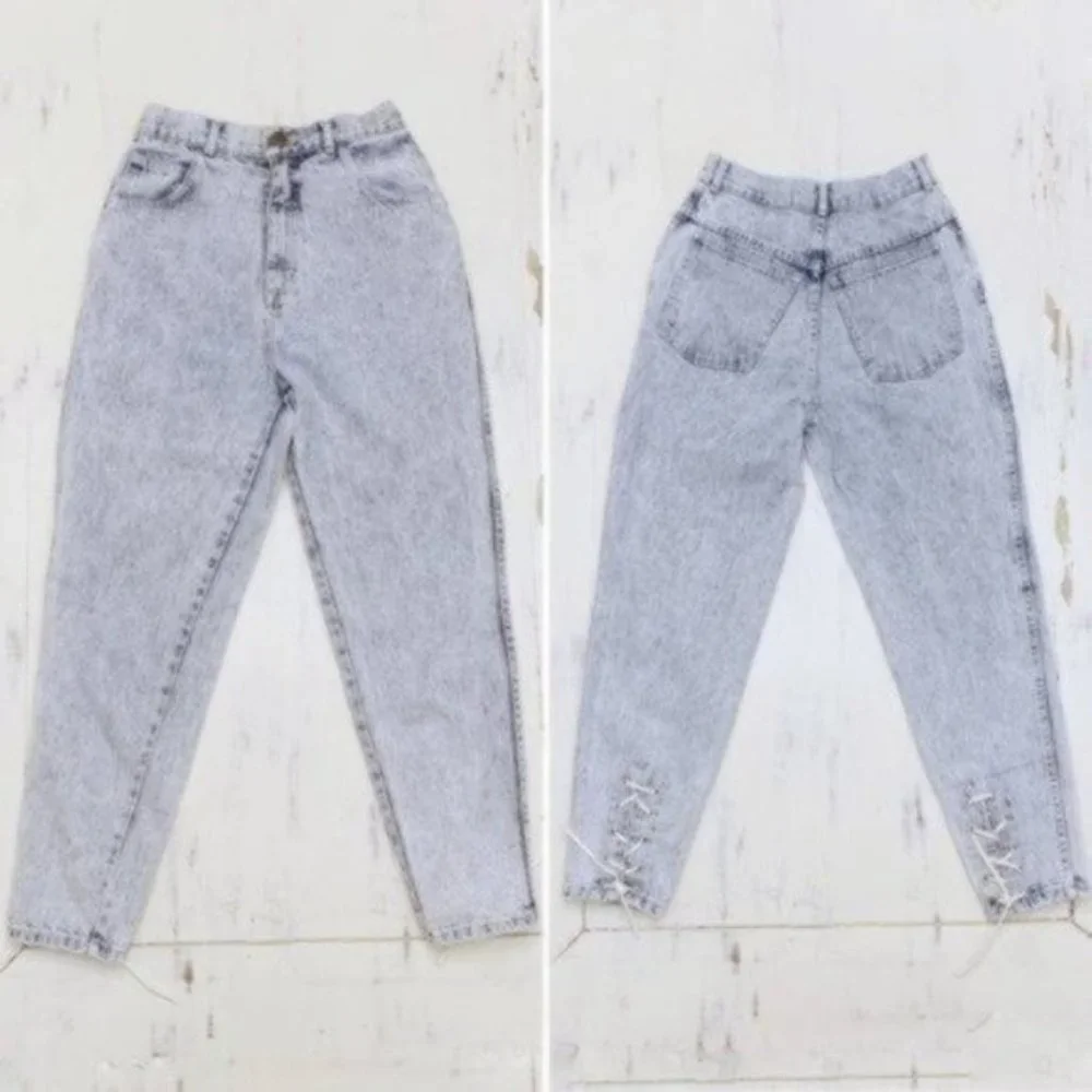 Vintage 90s Mom Jeans Lace-Up Cuff Tapered High Waisted White Washed 26 - Picture 2 of 10